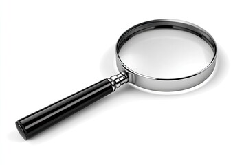 A silver-rimmed magnifying glass with a black handle, casting a shadow on a white surface