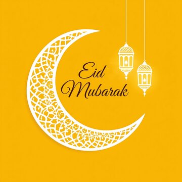 Clean and modern Eid Mubarak graphic with a white crescent moon and simple lantern icons on a bright yellow background.