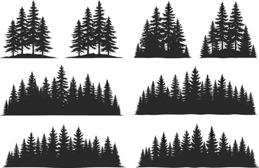 Silhouette pine tree forest clusters landscape illustration, natural woodland edge design, evergreen conifer group shapes, environmental nature art flat vector