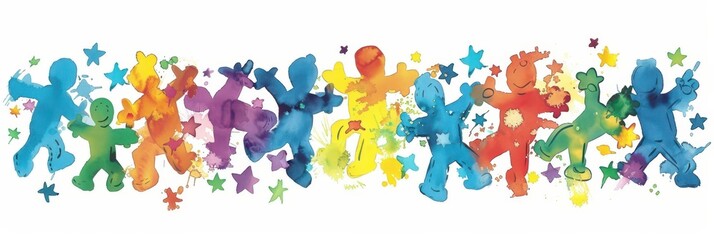 Fototapeta premium Vibrant autism awareness design with colorful figures and stars. World ADHD Awareness Day. Mental health concept. Attention deficit hyperactivity disorder. Horizontal banner. Copy space