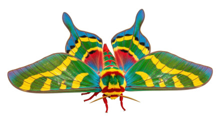 Isolated Madagascar Sunset Moth with bright colors, large wingspan, detailed patterns © Elowen