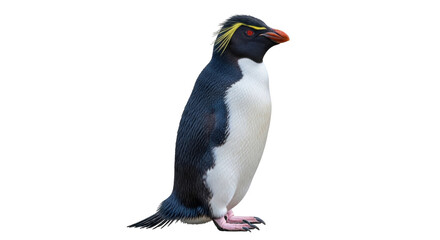 Obraz premium Isolated Rockhopper Penguin stands upright, a crested penguin in a natural pose, on a clear day