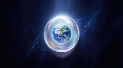 World wetlands day a bright orb containing blue and green shapes is surrounded by a lighter halo against a dark background with radiating light