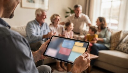 Obraz premium Agent adjusting shared data settings on a tablet with a large family gathered in the background the main focus on the devices screen showing group plan options.