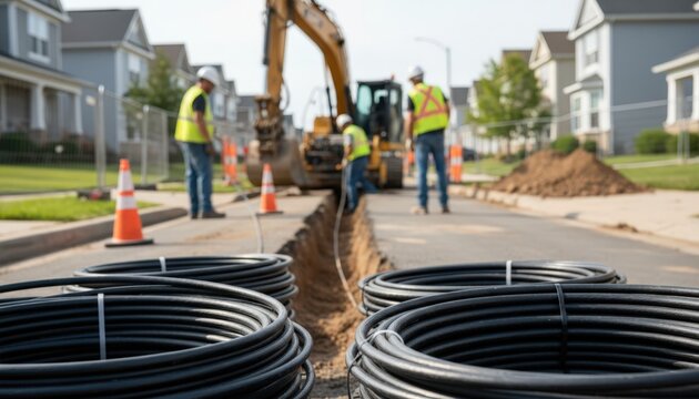 Crew excavating a residential street trench for fiber backbone installation large fiber bundles clearly in focus with blurred houses and workers in the background