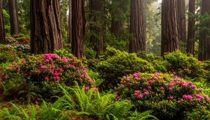 Serene Forest Landscape with Vibrant Flowers.