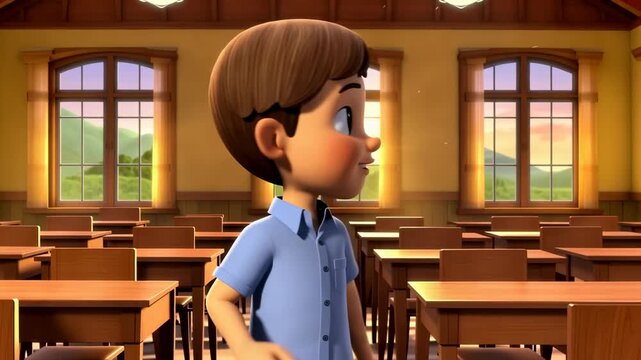 Animated cartoon boy in empty classroom with desks and windows overlooking green fields during sunset offering school education concept