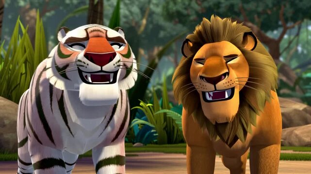 Animated lion and tiger best friends in a jungle cartoon style happy cartoon animals childrens animation fictional characters