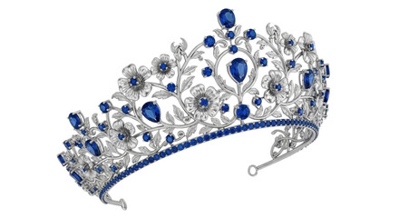 Isolated, a silver tiara with blue sapphires and floral details for a special occasion © Elowen