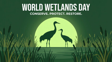 Fototapeta premium World wetlands day features two crane silhouettes standing in a grassy area against a large circular light source