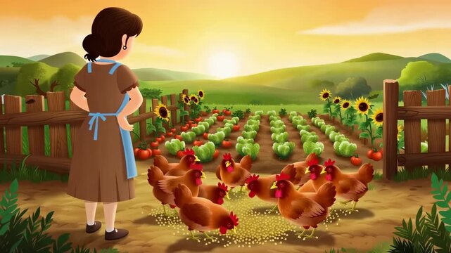 Animated scene of a woman looking at chickens feeding near a vegetable garden with sunflowers and rolling hills