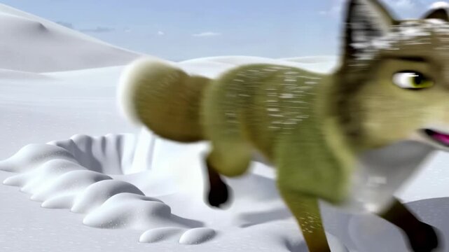Animated wolf character running through snowy landscape escaping den cartoon style depiction animated scene for children
