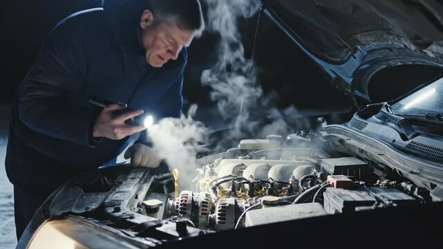 Under the dim glow of a flashlight, a dedicated technician inspects a complex engine, surrounded by swirling steam in the crisp night air. The scene captures the essence of craft and determination.
