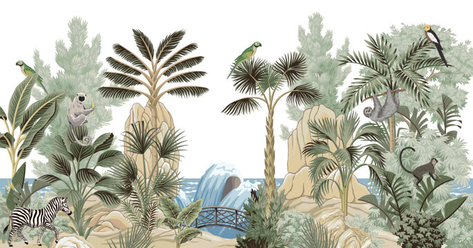 Tropical vintage botanical landscape, zebra, sloth, lemur, monkey animal, parrot, palm tree, banana tree, plant floral mural. Exotic jungle wallpaper.