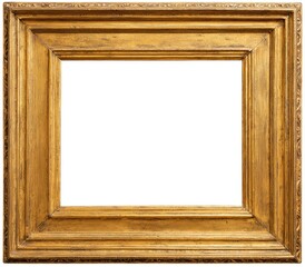 A detailed, gold-toned, empty square picture frame with multiple ornamented borders