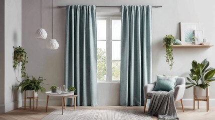 Fototapeta premium Serene living room with teal curtains, armchair, and lush indoor plants