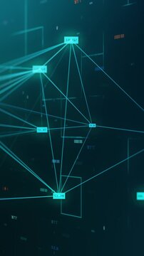 abstract network, also called 'plexus' with random digits on the vertices that cross along the screen, tech background, concept of big data and internet, vertical video (3d render)