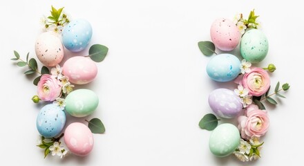 Easter eggs decorated with soft pastel colors are arranged in vertical borders with green foliage.