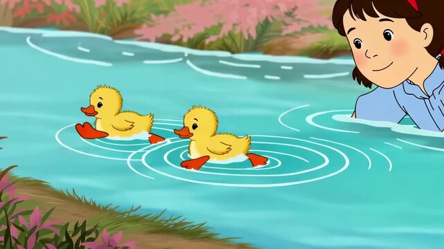 Animated girl watching ducklings swim in a pond in a cartoon style,childhood innocence and cartoon character animation