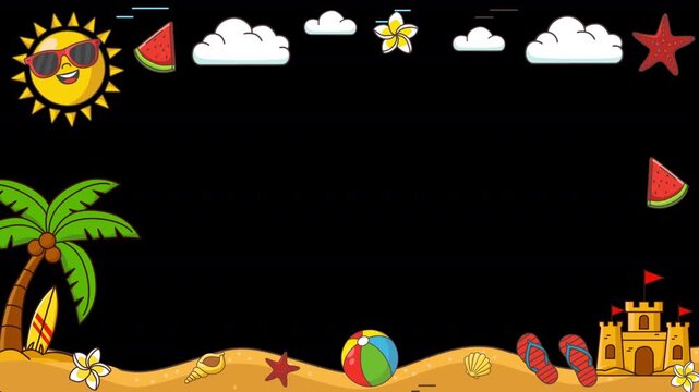 Animated Beach Border with Sandcastle, Watermelon, and Flip-Flops Elements.