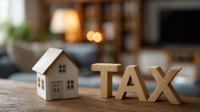 Property Tax Calculation: A miniature house sits alongside the word TAX, emphasizing the financial responsibility associated with property ownership and taxation.