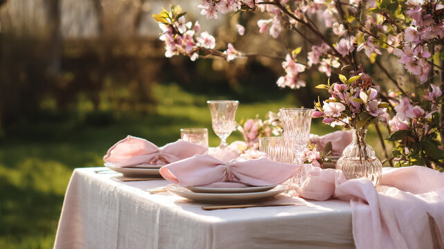 Outdoor spring table setting under a flowering cherry tree, celebrating a garden party or elegant event