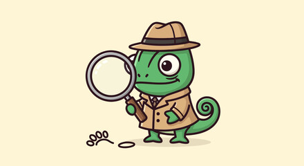 Fototapeta premium Chameleon detective investigates broken insect case while wearing hat and trenchcoat in a bright yellow cartoon scene