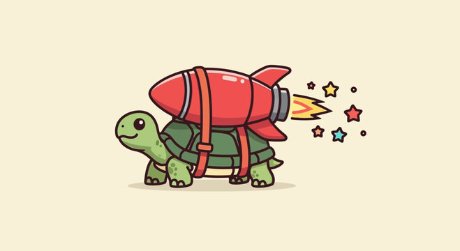 Playful Turtle Rockets Through Colorful Stars in Space &ndash; Cartoon Adventure from a Side View