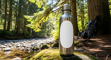 A clear glass bottle with a white label sits on a forest floor next to a stream.