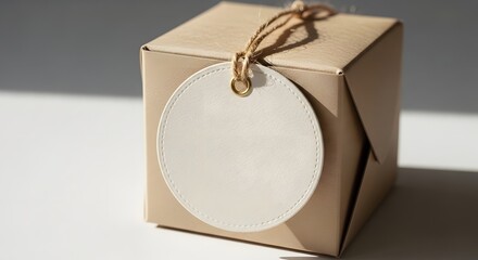 A beautifully wrapped gift box with a white label and brown string