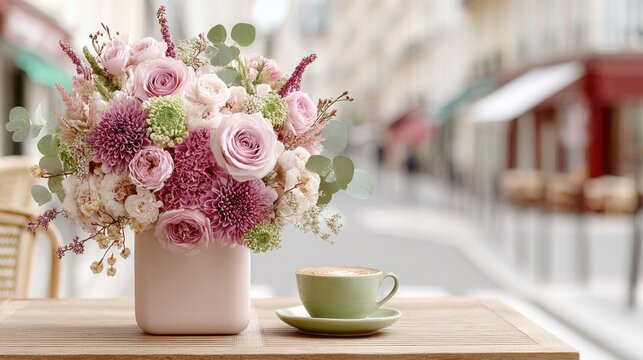 Pink and white floral arrangement in a vase beside a green coffee cup on a wooden table in a Parisian street setting with blurred cafe background