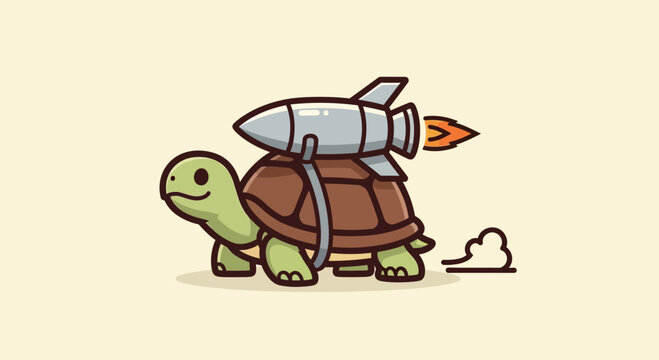 Playful Turtle Rocket Illustration with Motion Blur on Yellow Background, Ideal for a Logo or Brand Icon
