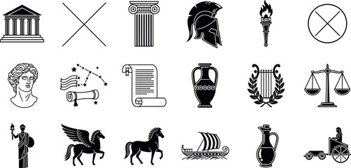 Ancient Greek and Roman Civilization Icon Set Featuring Classical Architecture, Mythology, Philosophy, Justice, War, and Historical Symbols in Vector Style © MdMojnu