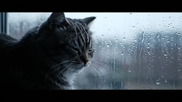 A beautiful tabby cat gazes out a rain-streaked window on a somber day, lost in thought, reflecting on the world outside, conveying a sense of calm solitude and cozy contemplation indoors