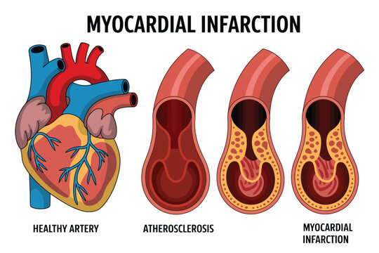 Myocardial infarction illustration showing a healthy artery and heart disease progression
