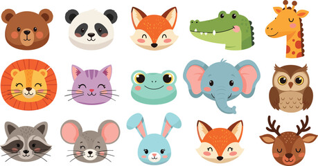 Fototapeta premium Cute Cartoon Animal Faces Set Colorful Kids Icons Collection