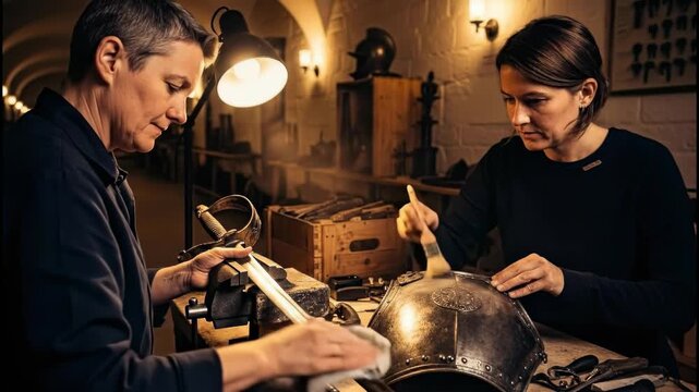 Artisans working on metal armor in a workshop, creating historical pieces.