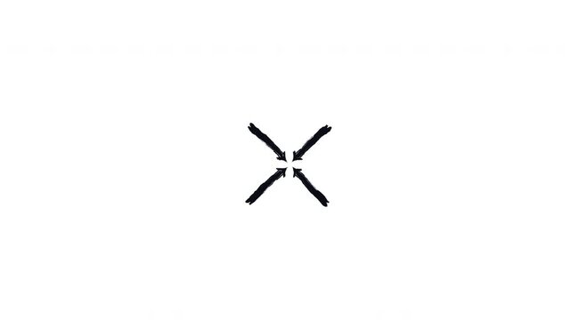 Diagonal arrows pointing to center bold thick stroke animation. Focus inward to shared centralization. Expressive grunge marker highlight pointers 4K video motion. Animated ink rough direction