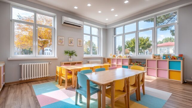 Bright and colorful kindergarten classroom with wooden tables and chairs, ready for learning