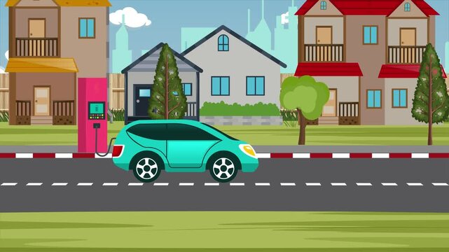 Electric Car Charging Station in Suburban Neighborhood, Green Energy Transportation, Flat Design Vector Illustration