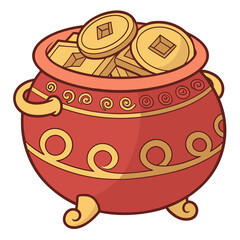 A stylized digital illustration of a red ceramic pot overflowing with gold Chinese coins.
