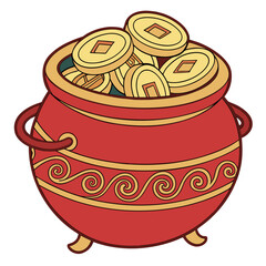 A decorative red pot adorned with golden swirls and handles, brimming with traditional gold coins featuring square holes. It symbolizes prosperity, wealth, and good fortune.