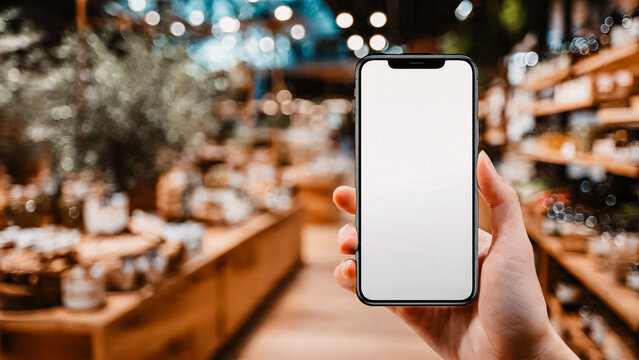 Main tenant un smartphone avec &eacute;cran blanc dans une boutique