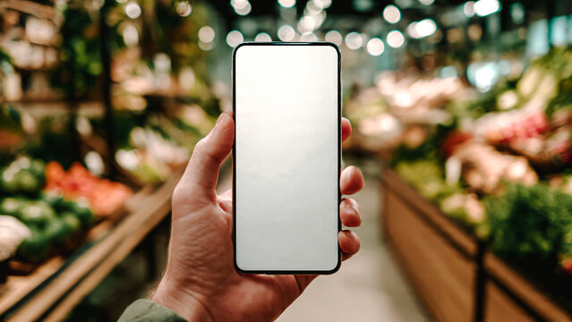 Main tenant un smartphone avec &eacute;cran blanc dans un supermarch&eacute;