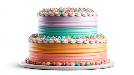 A vibrant, multi-tiered cake adorned with colorful frosting and sprinkles, perfect for celebrations