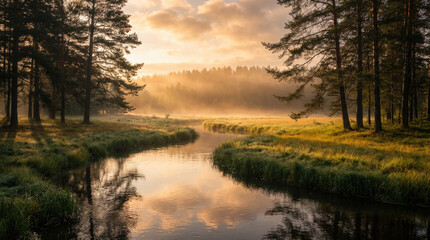 Obraz premium World wetlands day features a river flowing through a forest with trees and vegetation under a bright sky reflecting in the water