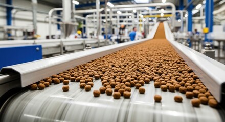 Obraz premium Dry pet food kibble moving on a conveyor belt in an industrial processing factory