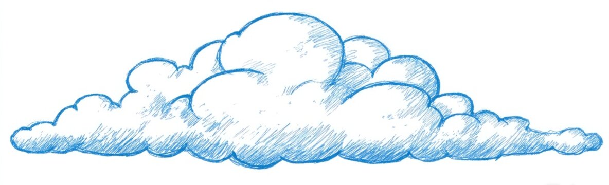A stylized drawing of a fluffy cumulus cloud with detailed hatch marks, outlined in blue