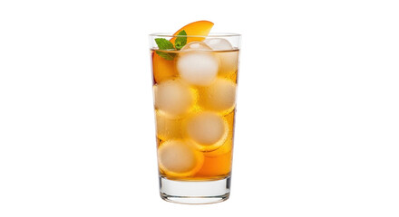 Obraz premium Isolated glass of iced tea with peach slice and mint, refreshing summer beverage drink