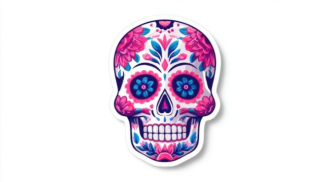 Vibrant sugar skull art with floral patterns and bright pink and blue colors